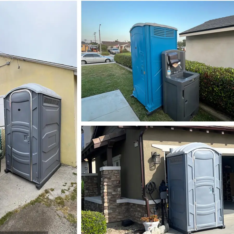Gray and blue porta potties placed beside homes on driveways and lawns